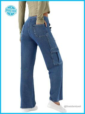 Womens Pull On Cargo Jeans Elastic Waist Mid Rise Wide Leg Stretchy Soft Denim